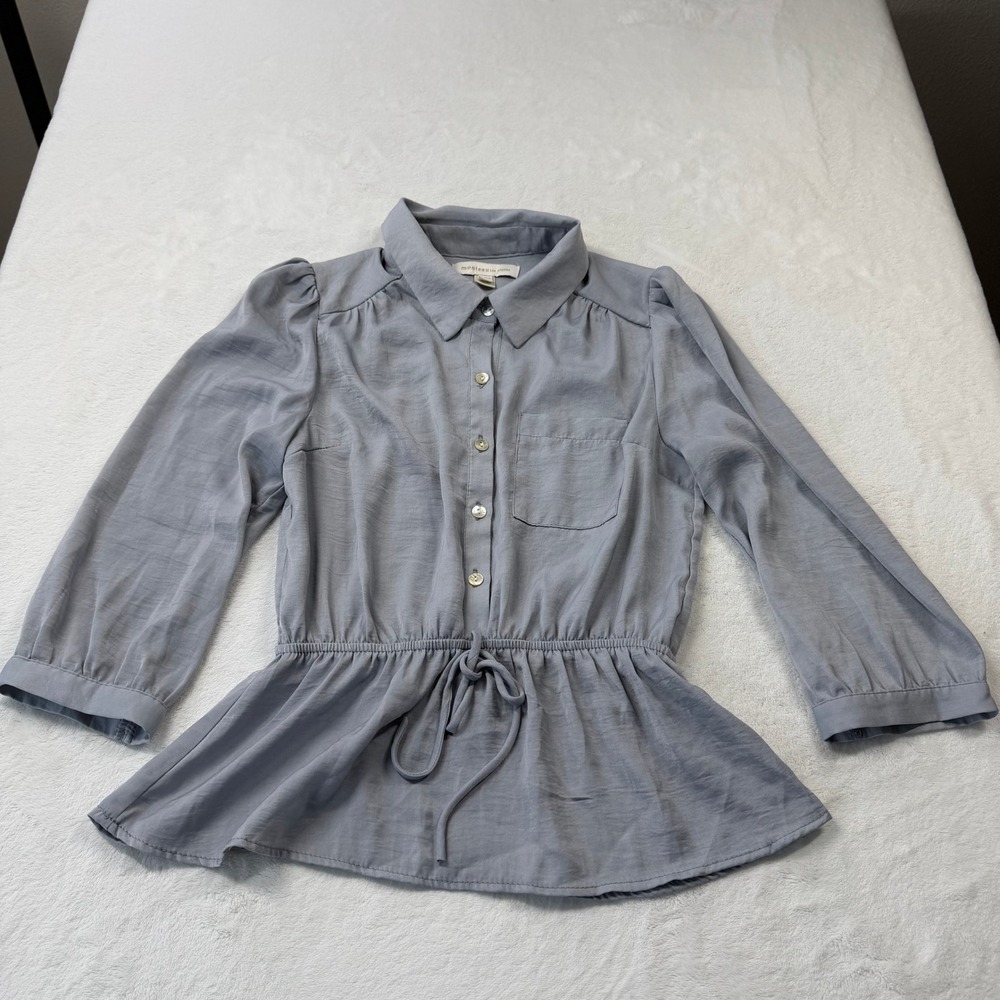 Monteau‎ Peplum Top Womens Medium Blue Grey Good Button Down Drawstring 201192